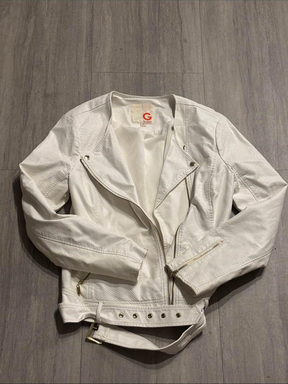 G by Giuliana White Textured Moto Jacket with Belt
